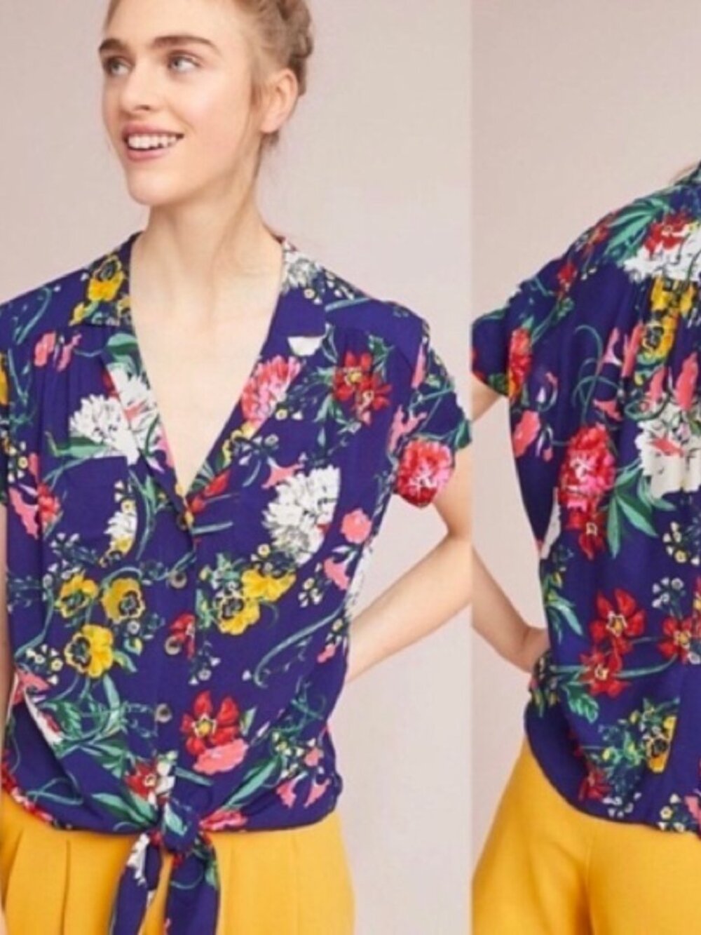 Maeve by Anthropologie Floral Front Tie Button Down Top Size XS